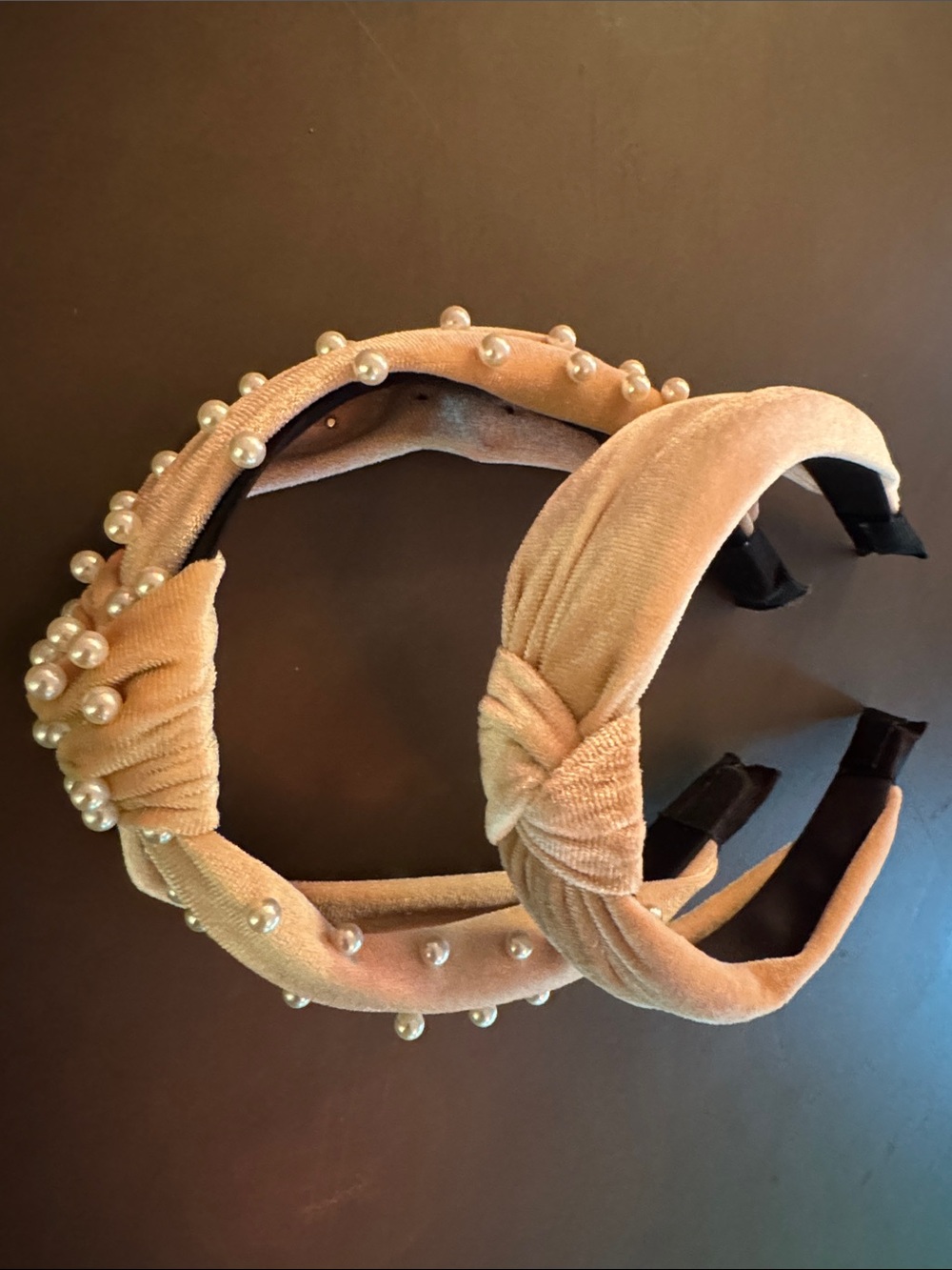 Pearl-Embellished Knotted Velvet Headbands in Beige